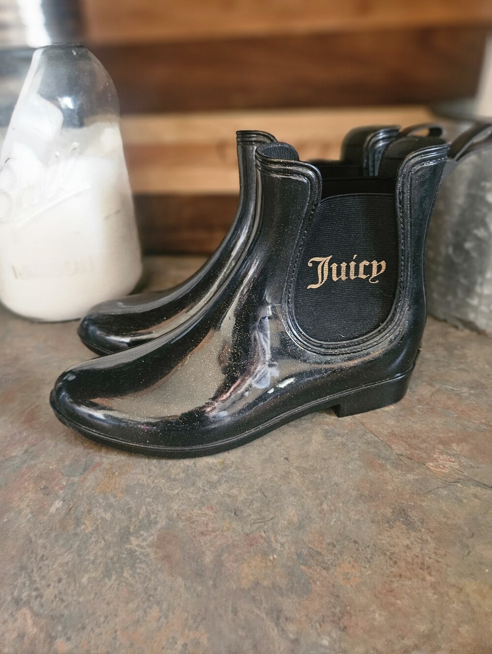 Juicy Couture Black Glossy Chelsea Rain Booties with Gold Logo
